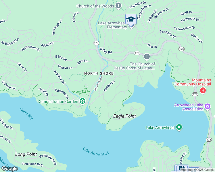 map of restaurants, bars, coffee shops, grocery stores, and more near North Shore Road in Lake Arrowhead