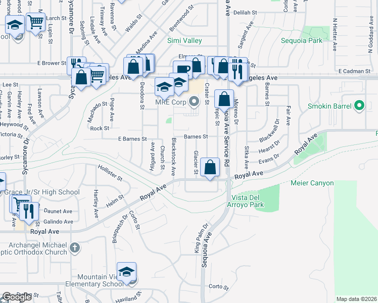map of restaurants, bars, coffee shops, grocery stores, and more near 1508 Acadia Street in Simi Valley
