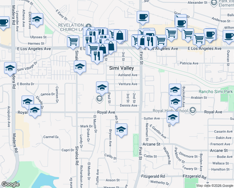 map of restaurants, bars, coffee shops, grocery stores, and more near 1482 4th Street in Simi Valley