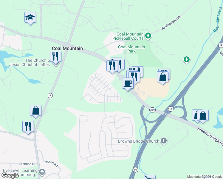 map of restaurants, bars, coffee shops, grocery stores, and more near 3611 Sydney Harbor Lane in Cumming