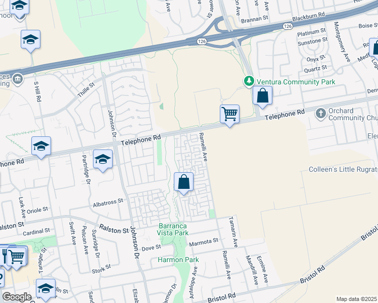 map of restaurants, bars, coffee shops, grocery stores, and more near 1124 Okapi Lane in Ventura