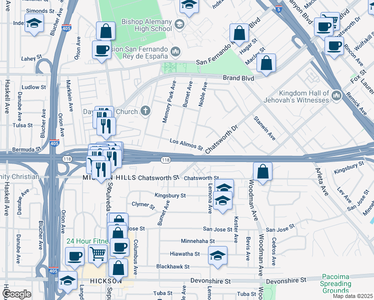 map of restaurants, bars, coffee shops, grocery stores, and more near 10841 Noble Avenue in Los Angeles