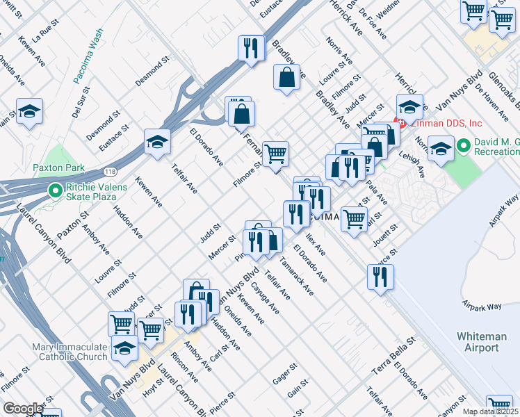 map of restaurants, bars, coffee shops, grocery stores, and more near 10809 El Dorado Avenue in Los Angeles