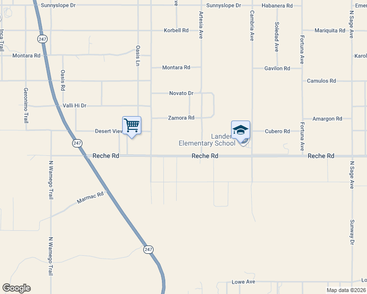 map of restaurants, bars, coffee shops, grocery stores, and more near 56221 Reche Road in Landers