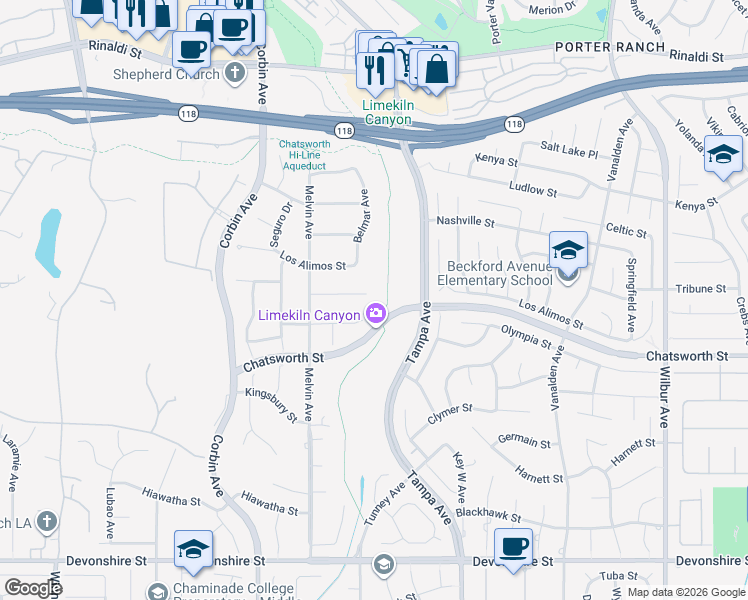 map of restaurants, bars, coffee shops, grocery stores, and more near 19501 Bermuda Street in Los Angeles