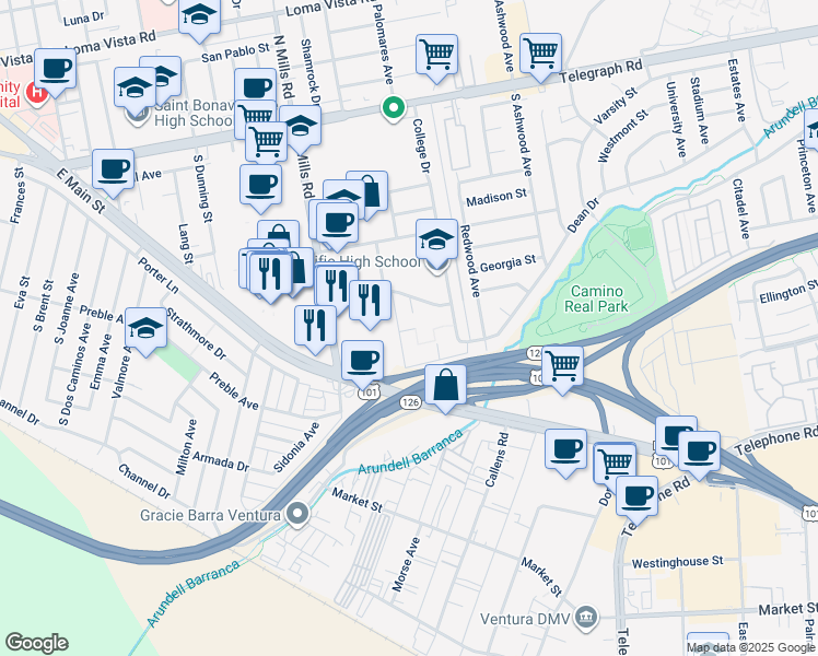 map of restaurants, bars, coffee shops, grocery stores, and more near 3700 Dean Drive in Ventura