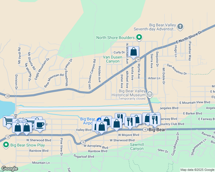map of restaurants, bars, coffee shops, grocery stores, and more near 936 Wendy Avenue in Big Bear