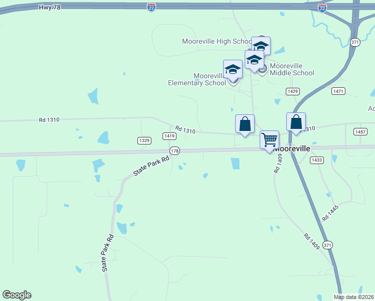 map of restaurants, bars, coffee shops, grocery stores, and more near Highway 178 in Mooreville
