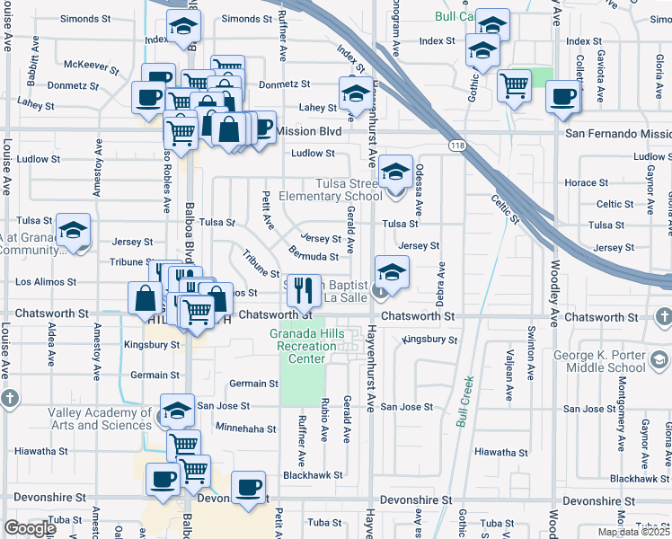 map of restaurants, bars, coffee shops, grocery stores, and more near 16654 Tribune Street in Los Angeles