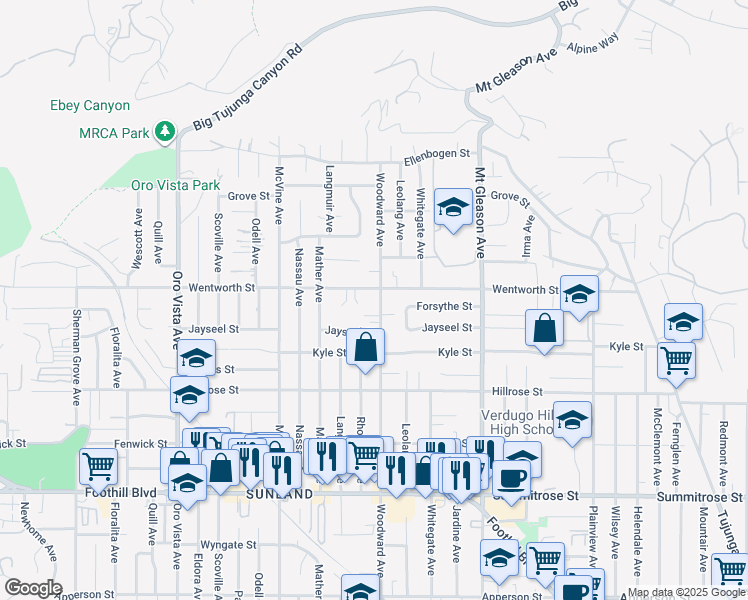 map of restaurants, bars, coffee shops, grocery stores, and more near 10855 Woodward Avenue in Los Angeles