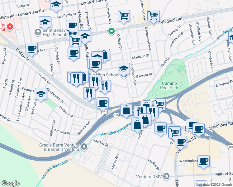 map of restaurants, bars, coffee shops, grocery stores, and more near 3700 Dean 2305 Drive in Ventura