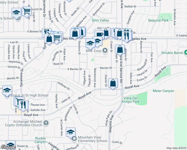 map of restaurants, bars, coffee shops, grocery stores, and more near 1547 Blackstock Avenue in Simi Valley