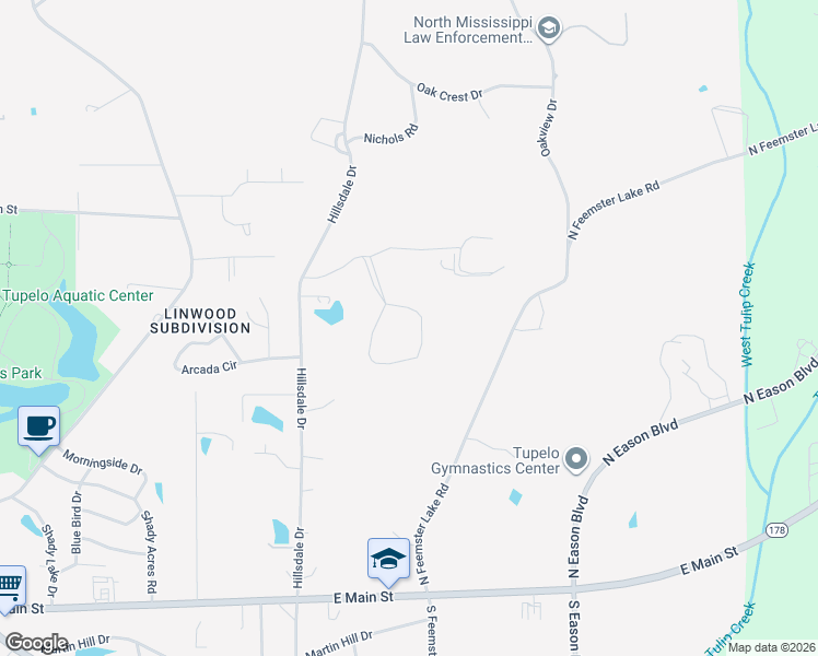 map of restaurants, bars, coffee shops, grocery stores, and more near 501 Windsor Circle in Tupelo