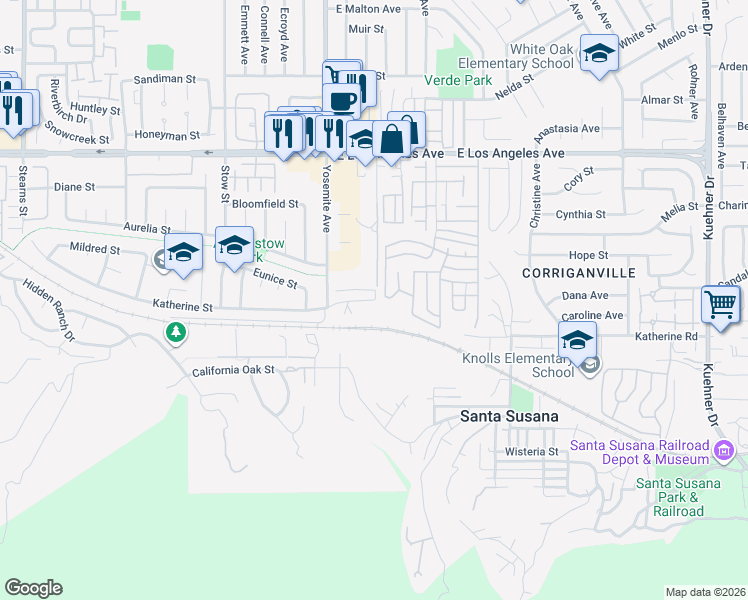 map of restaurants, bars, coffee shops, grocery stores, and more near 6480 Katherine Street in Simi Valley