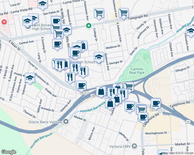 map of restaurants, bars, coffee shops, grocery stores, and more near 3700 Dean 2305 Drive in Ventura