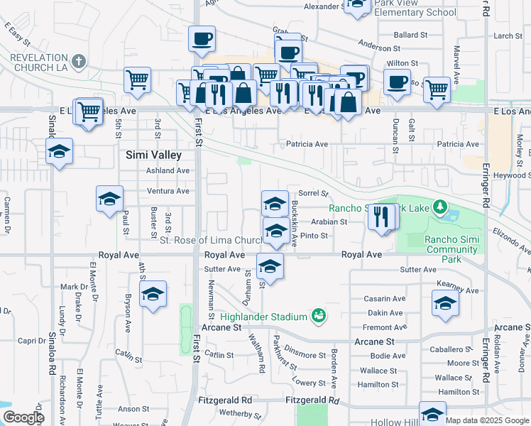 map of restaurants, bars, coffee shops, grocery stores, and more near 1530 Pride Street in Simi Valley