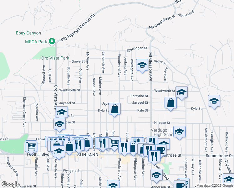 map of restaurants, bars, coffee shops, grocery stores, and more near 10855 Woodward Avenue in Los Angeles