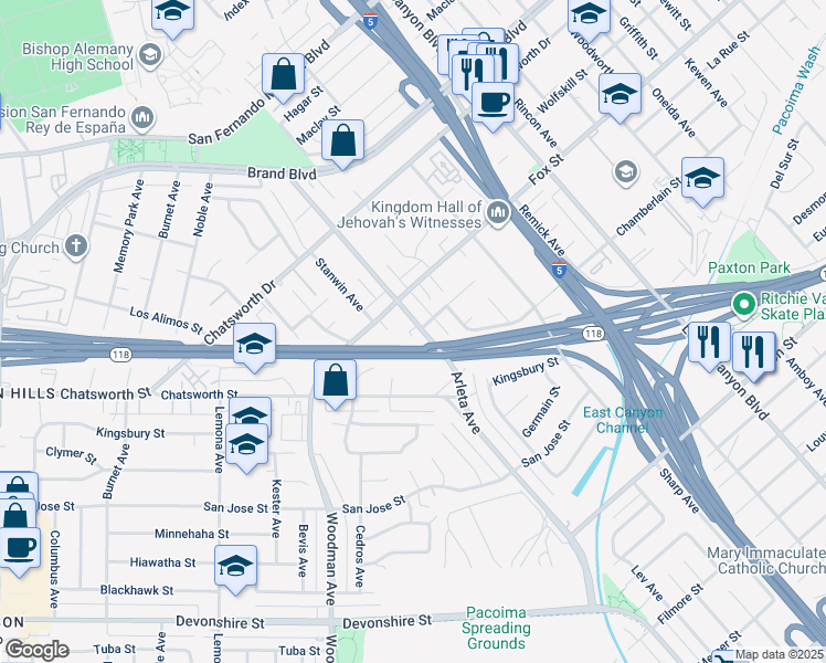 map of restaurants, bars, coffee shops, grocery stores, and more near 10821 Arleta Avenue in Los Angeles
