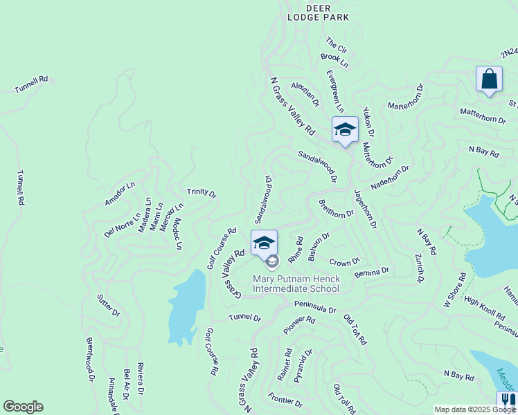 map of restaurants, bars, coffee shops, grocery stores, and more near 918 Sandalwood Drive in Lake Arrowhead
