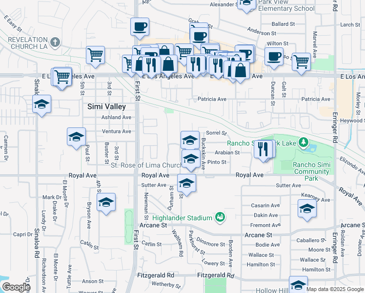 map of restaurants, bars, coffee shops, grocery stores, and more near 1530 Pride Street in Simi Valley