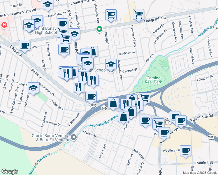 map of restaurants, bars, coffee shops, grocery stores, and more near 3700 Dean Drive in Ventura