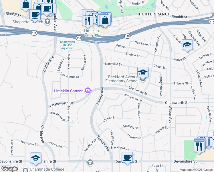 map of restaurants, bars, coffee shops, grocery stores, and more near 10788 Des Moines Avenue in Los Angeles