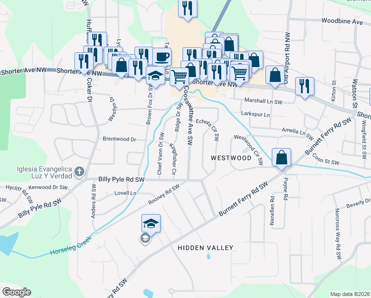 map of restaurants, bars, coffee shops, grocery stores, and more near 222 Coosawattee Avenue Southwest in Rome