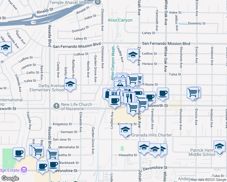 map of restaurants, bars, coffee shops, grocery stores, and more near 10801 Lindley Avenue in Los Angeles