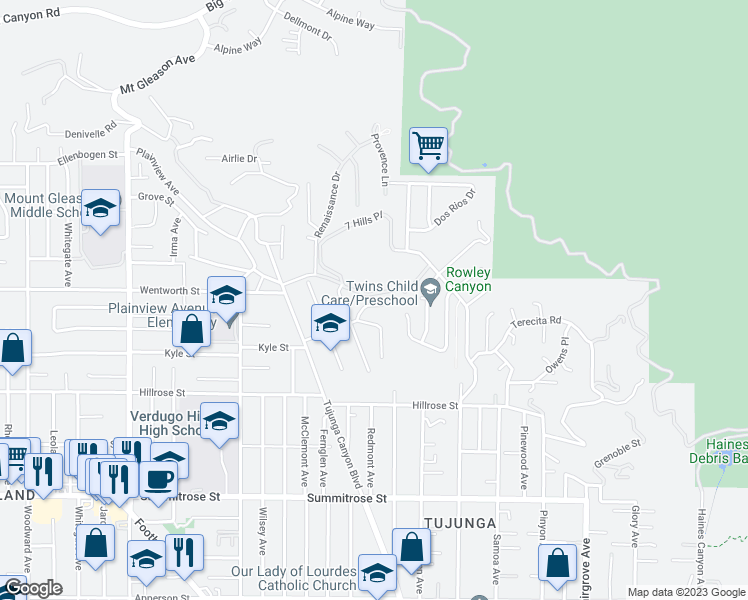 map of restaurants, bars, coffee shops, grocery stores, and more near 7327 Zachau Place in Los Angeles