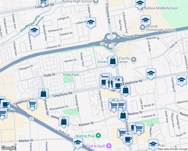 map of restaurants, bars, coffee shops, grocery stores, and more near 5603 Coltrane Street in Ventura