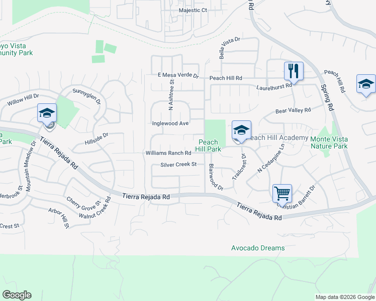 map of restaurants, bars, coffee shops, grocery stores, and more near 4216 Colibri Court in Moorpark