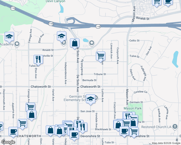 map of restaurants, bars, coffee shops, grocery stores, and more near 20759 Tribune Street in Los Angeles