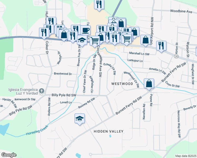 map of restaurants, bars, coffee shops, grocery stores, and more near 216 Coosawattee Avenue Southwest in Rome