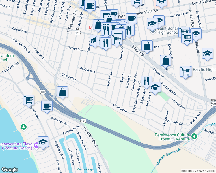 map of restaurants, bars, coffee shops, grocery stores, and more near Rancho Drive & Beacon Avenue in Ventura