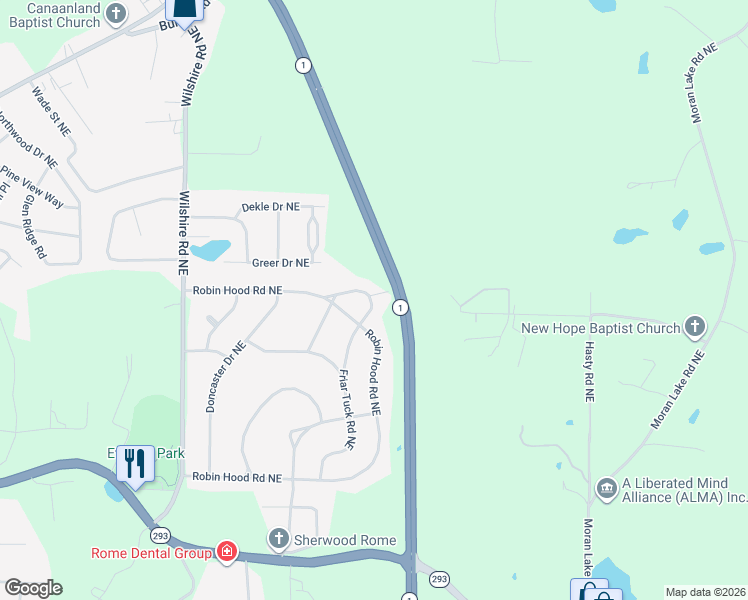 map of restaurants, bars, coffee shops, grocery stores, and more near 220 Robin Hood Road Northeast in Rome