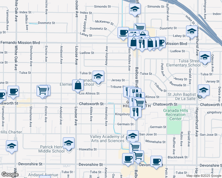 map of restaurants, bars, coffee shops, grocery stores, and more near 17116 Tribune Street in Los Angeles