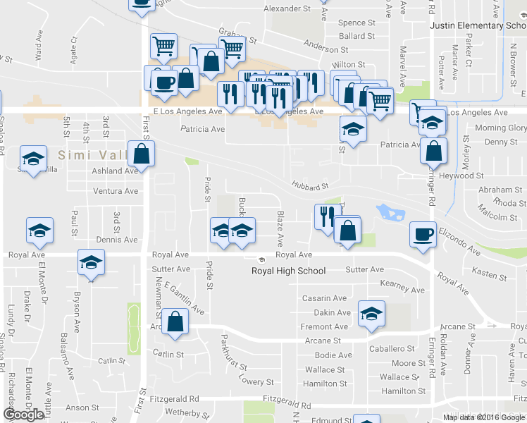map of restaurants, bars, coffee shops, grocery stores, and more near 1454 Roan Street in Simi Valley