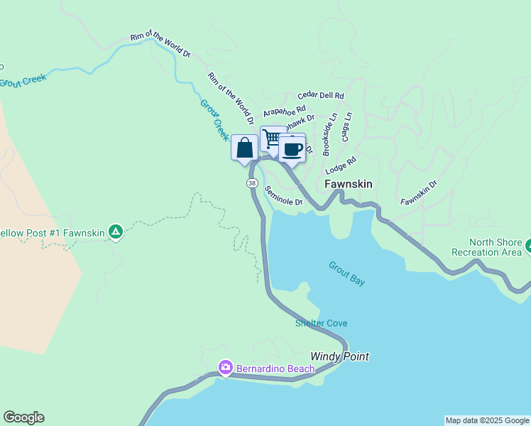 map of restaurants, bars, coffee shops, grocery stores, and more near 39107 North Shore Drive in Fawnskin