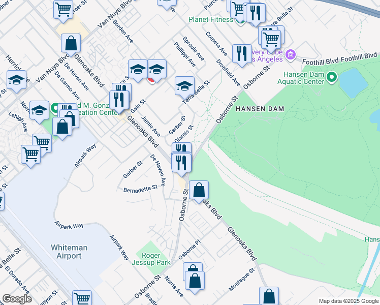 map of restaurants, bars, coffee shops, grocery stores, and more near 12259 Osborne Street in Los Angeles