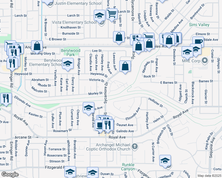 map of restaurants, bars, coffee shops, grocery stores, and more near 1507 Prather Street in Simi Valley