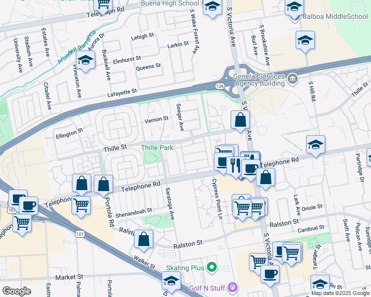 map of restaurants, bars, coffee shops, grocery stores, and more near 950 Seamist Place in Ventura