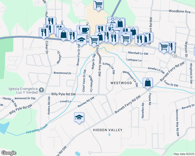 map of restaurants, bars, coffee shops, grocery stores, and more near 216 Coosawattee Avenue Southwest in Rome