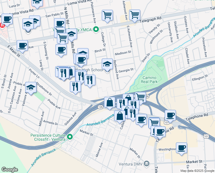 map of restaurants, bars, coffee shops, grocery stores, and more near 3700 Dean Drive in Ventura