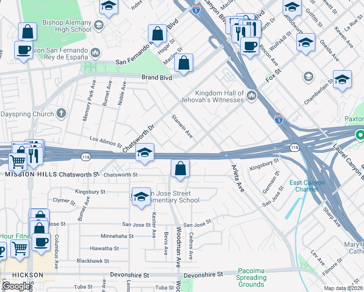 map of restaurants, bars, coffee shops, grocery stores, and more near 14746 Jaguar Street in Los Angeles