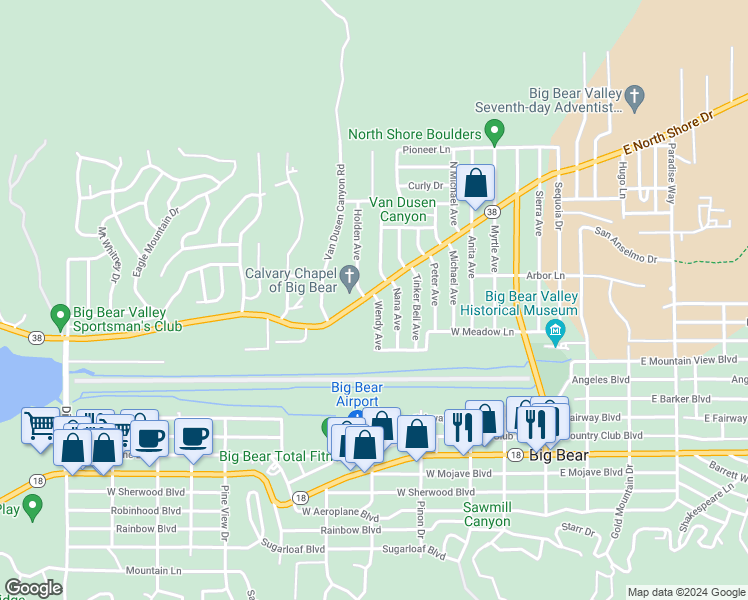 map of restaurants, bars, coffee shops, grocery stores, and more near 500 West North Shore Drive in Big Bear