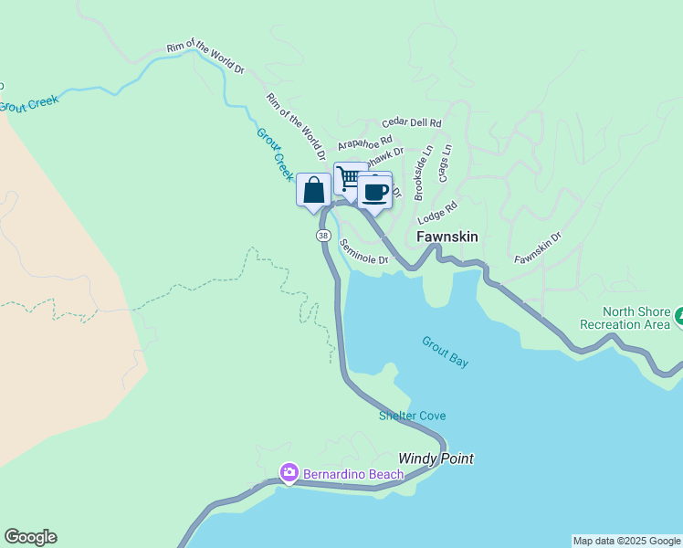 map of restaurants, bars, coffee shops, grocery stores, and more near 39107 North Shore Drive in Fawnskin