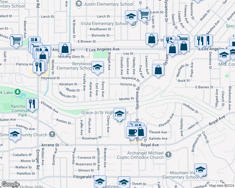 map of restaurants, bars, coffee shops, grocery stores, and more near 1548 Andrea Circle in Simi Valley