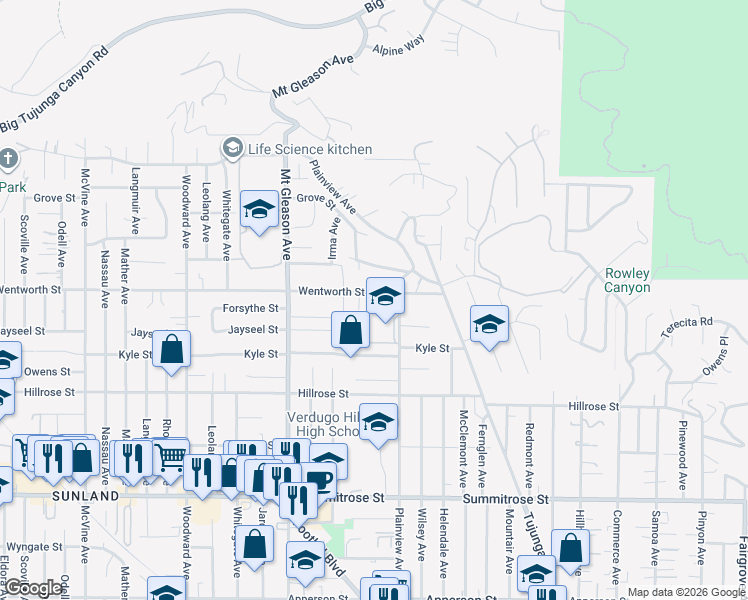 map of restaurants, bars, coffee shops, grocery stores, and more near 7628 Wentworth Street in Los Angeles