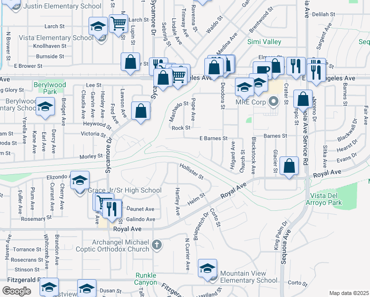 map of restaurants, bars, coffee shops, grocery stores, and more near 2905 Deacon Street in Simi Valley