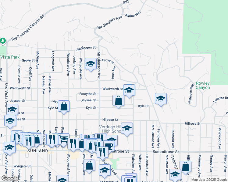 map of restaurants, bars, coffee shops, grocery stores, and more near 7710 Wentworth Street in Los Angeles